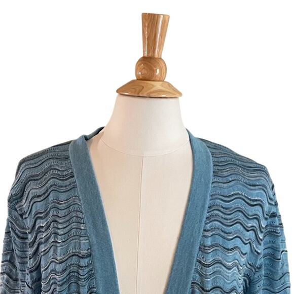 Isaac Mizrahi Live! Cotton Blend Blue Wavy Chevron Print Long Open Cardigan XL - Picture 2 of 12